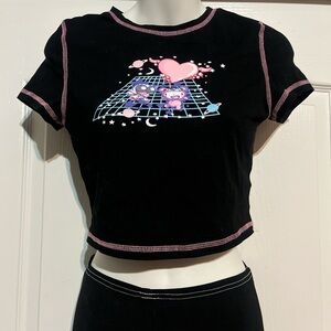 Black Crop Top with Pink and Blue Graphic Size M